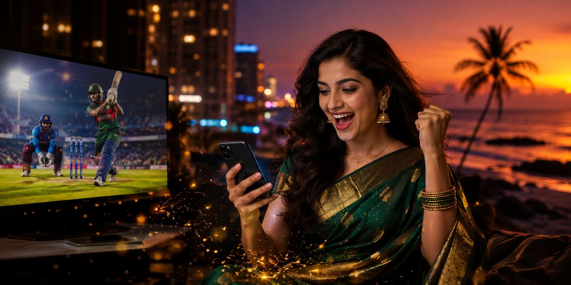 সেন্ট মার্টিনে শাড়ি পরা একজন নারী মোবাইলে ক্রিকেট বেটিং উপভোগ করছেন